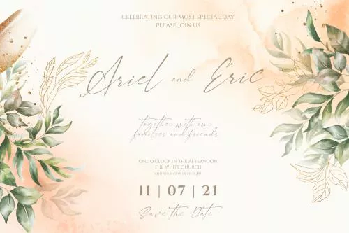 فایل PSD قالب دعوتنامه عروسی با برگ‌های آبرنگی 27416