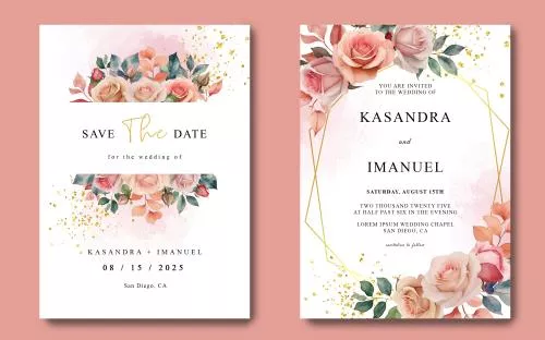 فایل PSD قالب کارت دعوت عروسی با گل‌های آبرنگ رز و گل‌های دست‌ساز 27424