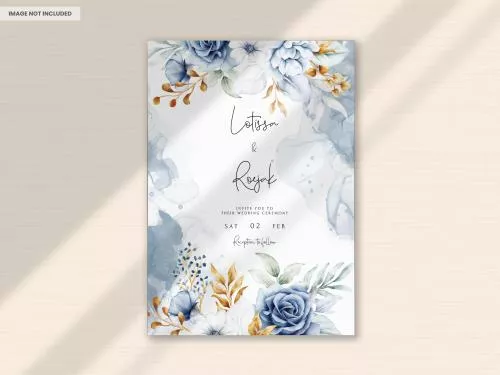 فایل PSD کارت دعوت عروسی با طرح گلدار زیبای سفید، آبی و طلایی 27429