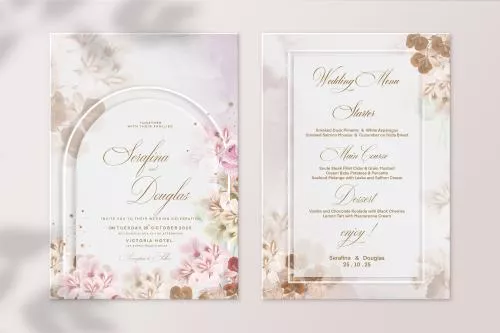 فایل PSD قالب کارت عروسی گلدار به همراه گل های رز صورتی با طراحی پشت و رو آماده برای چاپ و قابل ویرایش با فتوشاپ 27375