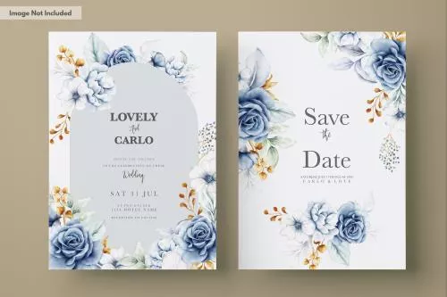 فایل PSD قالب دعوت با رزهای آبی و سفید آبرنگی و زیبا 27378