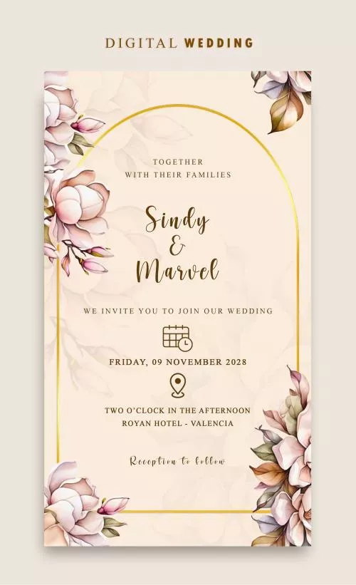 فایل PSD دعوتنامه دیجیتال عروسی PSD با گل‌های آبرنگی وینتیج 27384
