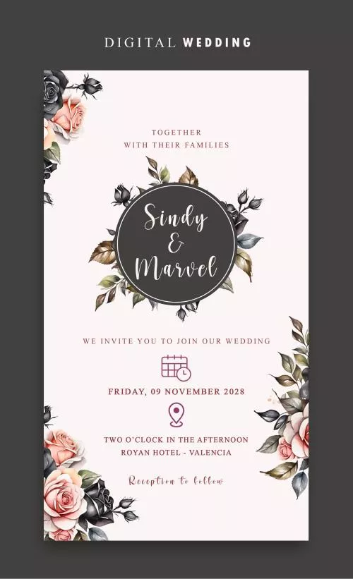 فایل PSD دعوتنامه دیجیتال عروسی PSD با گل های آبرنگی زیبا 27388