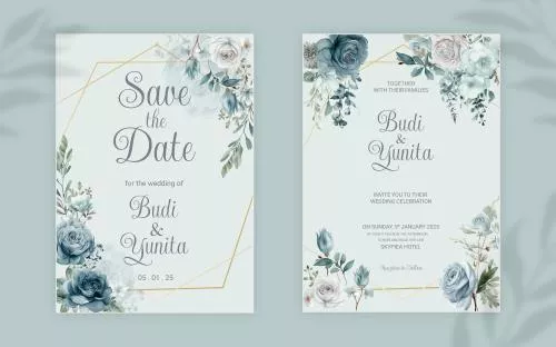 فایل PSD قالب دعوتنامه عروسی دو طرفه PSD با گل های آبرنگ آبی و خاکی ظریف 27390