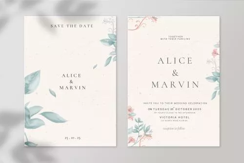 فایل PSD قالب دعوتنامه عروسی وینتیج با برگ‌های آبی 27399