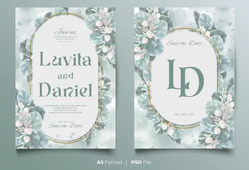 فایل PSD قالب دعوتنامه عروسی آبرنگی با تزئین گل آبی و سبز 27404