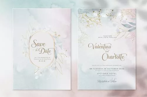 فایل PSD قالب دعوتنامه عروسی آبرنگی با برگ های طلایی 27405