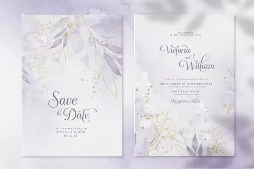 فایل PSD قالب دعوتنامه عروسی آبرنگی با برگ های بنفش 27410