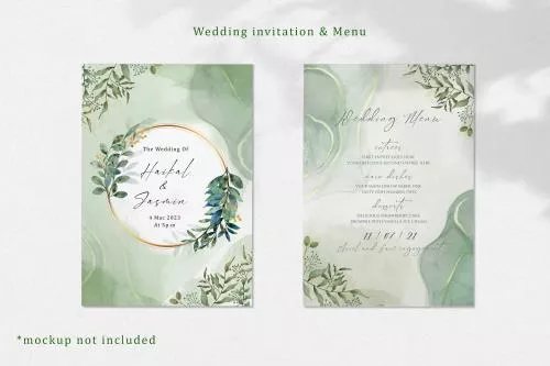 فایل PSD کارت دعوت عروسی با طرح برگ سبز آبرنگی 27411