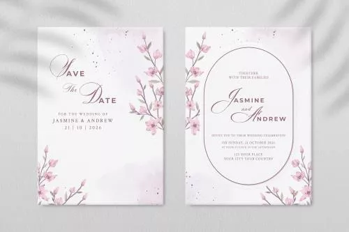 فایل PSD قالب دعوتنامه عروسی دو طرفه با گل صورتی PSD پریمیوم 27449