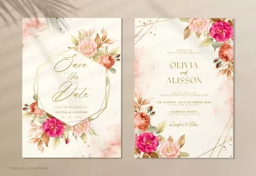 فایل PSD مجموعه کارت دعوت عروسی گل‌دار و شیک 27452