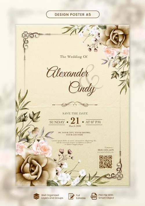 فایل PSD دعوتنامه عروسی گلدار شیک و جای تاریخ 27453