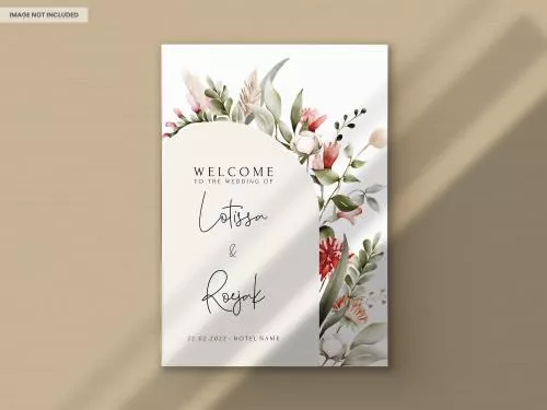 فایل PSD کارت دعوت عروسی آبرنگی با گل‌ها و برگ‌های زیبا و رنگ‌های بوهمین 27460