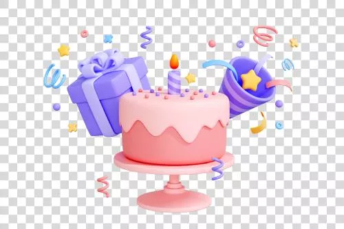 فایل PSD کیک تولد با شمع تک همراه با کاغذ رنگی و بوق جشن 27492