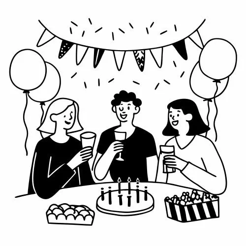 وکتور EPS گروه طراحی سیاه سفید افراد دور میز با کیک و کیک با بادکنک 27500