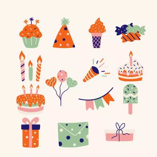 وکتور EPS مجموعه وکتور آیکون های تزئینات جشن تولد کارتونی ایزوله 27505