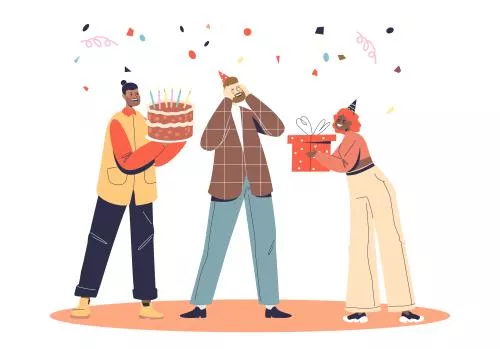 وکتور EPS دوستان مرد را با تبریک تولد شاد و کیک جشن و جعبه هدیه با هدیه تولد 27512