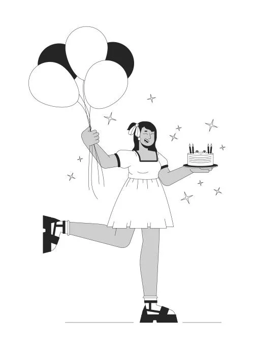 وکتور EPS کاراکتر کارتونی خطی 2 بعدی سیاه و سفید زن هندوی خوشحال و خمیده در جشن تولد 27522