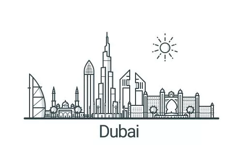 وکتور EPS بنر خطی شهر دبی با تمام ساختمان‌ها، اشیا قابل تنظیم و پس‌زمینه پر شده 27536