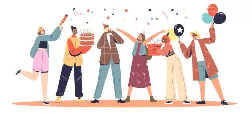 وکتور EPS گروهی از دوستان شاد و خوشحال که مردی را در مراسم جشن تولد با بادکنک‌ ها ، تبریک می‌گویند 27542