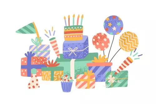 وکتور EPS ترکیب جشن تولد با جعبه‌های هدیه ، کیک جشن تولد با شمع‌ها ، تزئینات روشن تعطیلات ، تولد 27556