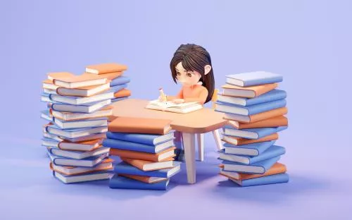 عکس با کیفیت دختر کوچک درحال درس خواندن روی میز و نیمکت مدرسه - رندر سه بعدی 28164