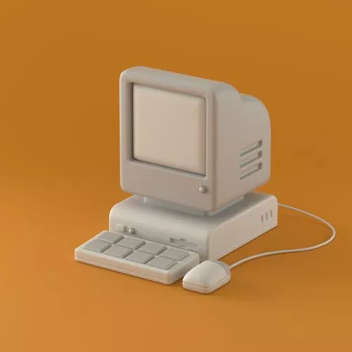 عکس با کیفیت رندرینگ سه بعدی کامپیوتر قدیمی با کیبورد و ماوس روی پس زمینه نارنجی 28167