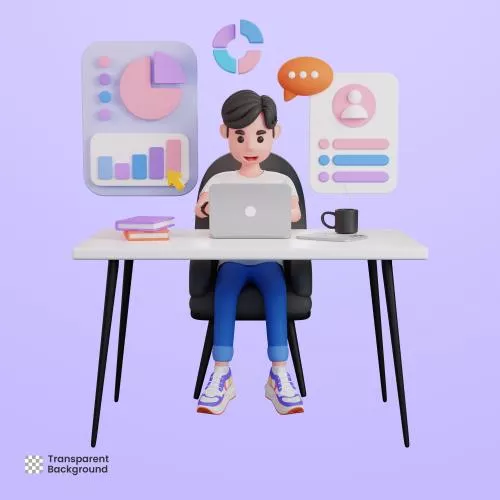 فایل PSD کاراکتر سه بعدی مرد با لپ تاپ در حال تحلیل داده 28190