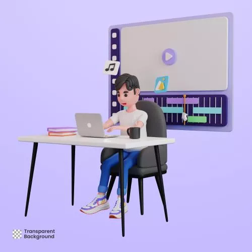 فایل PSD کاراکتر سه بعدی مردی که به عنوان تدوینگر ویدیو کار می کند 28192