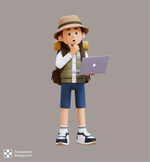 فایل PSD کاراکتر سه بعدی مسافر در حال فکر کردن هنگام کار با لپ تاپ 28201