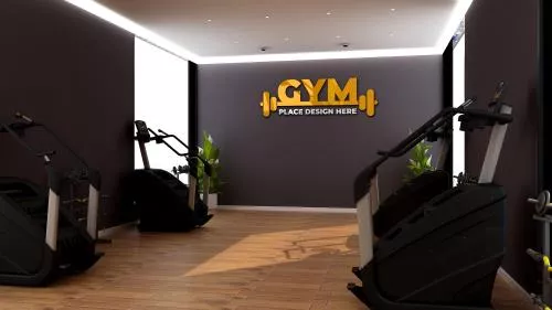 فایل PSD موکاپ سه بعدی دیواری لوگو اتاق فیتنس و باشگاه 28202