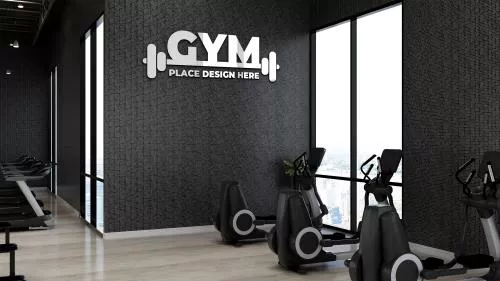 فایل PSD موکاپ لوگوی دیوار باشگاه اتاق ورزشی با دیوار سیاه 28233