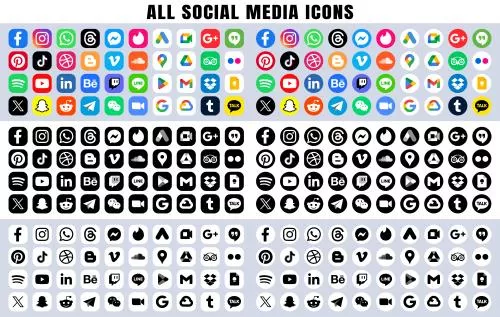 وکتور EPS مجموعه وکتور آیکون های سیاه و سفید شبکه های اجتماعی شامل فیسبوک، یوتیوب و واتساپ 27584