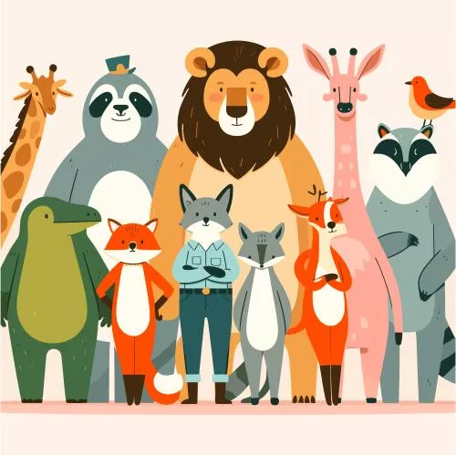 وکتور EPS حیوانات ایستاده در کنار هم به سبک فلت 27586