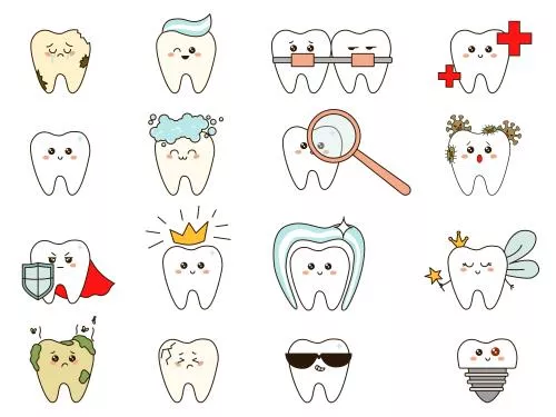 وکتور EPS مجموعه بزرگ دندان‌های کارتونی بامزه با احساسات مختلف ، تصاویر کارتونی با جزئیات 27587