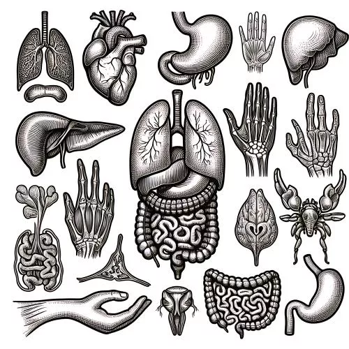 وکتور EPS تصویرسازی ارگان های مختلف بدن شامل معده و روده و قلب و کلیه و ریه و دست و دستگاه گوارش و مغز و دیگر ارگان های بدن 27598