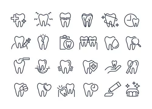 وکتور EPS مجموعه آیکون دندان شامل دندان ، دندانپزشک ، خمیر دندان ، مسواک ، ایمپلنت دندان و آیکون های دندانپزشکی 27599