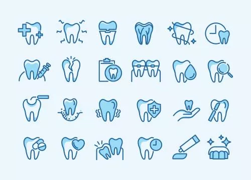 وکتور EPS مجموعه آیکون دندان شامل آیکون های دندانپزشکی ، خمیر دندان ، مسواک ، ایمپلنت دندان و دندانپزشکی 27600