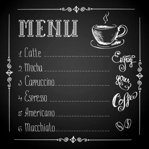 وکتور EPS وکتور منوی قهوه برای کافی شاپ و کافه با پس زمینه سیاه 25471