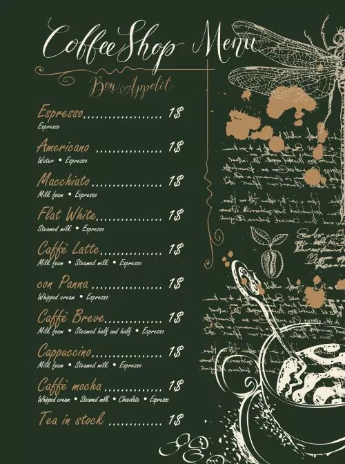 وکتور EPS منوی قهوه برای کافه با فنجان به صروت لایه باز و رایگان 25473