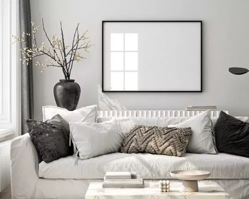 فایل PSD موکاپ فریم در اتاق نشیمن با پوستر دیواری به صورت لایه باز و قابل ویرایش با فتوشاپ 25497