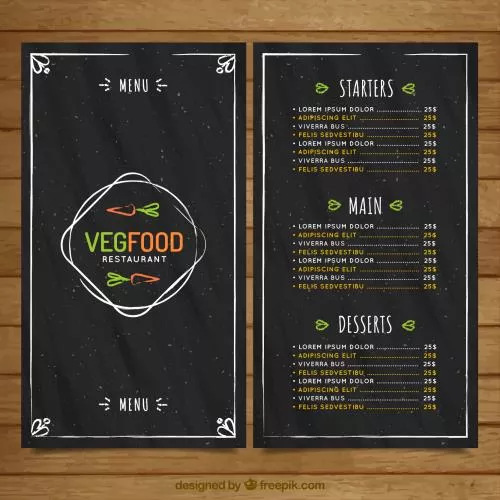 وکتور EPS و AI منوی غذاهای وگان با استایل تخته سیاه دست‌ساز وینتیج مناسب برای منو رستوران و کافه و کافی شاپ 25504