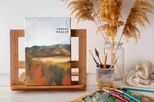 فایل PSD موکاپ بوم و نقاشی در کارگاه هنری به صورت رایگان 25558