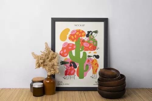 فایل PSD موکاپ قاب عکس در کنار گلدان در فضای داخلی اتاق برای فتوشاپ 25562