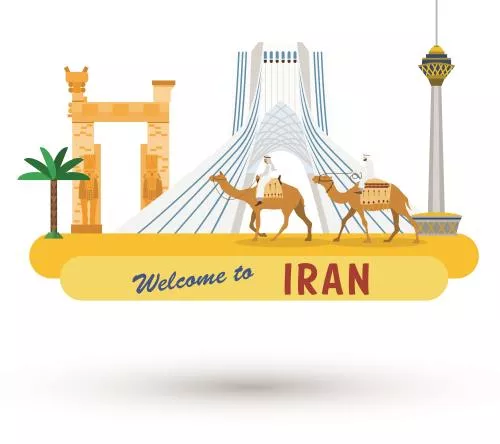 وکتور برج میلاد به همراه برج آزادی واقع در میدان آزادی تهران به همراه تخت جمشید و نخل و مرد ها در حال شتر سواری