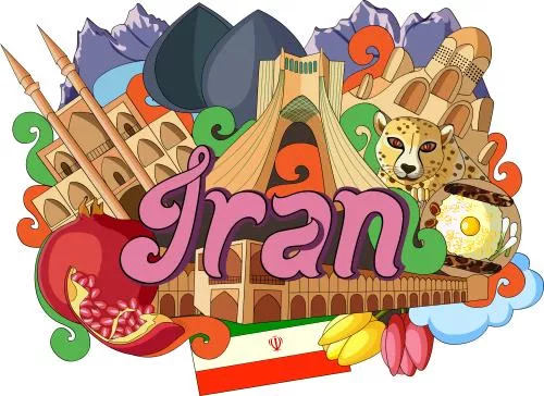 وکتور نماد های ایران شامل برج آزادی میدان آزادی و یوز ایرانی و کباب کوبیده و انار و سی‌ و‌ سه پل و پرچم ایران فایل EPS لایه باز