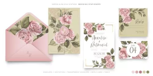 وکتور رایگان کارت عروسی به همراه حاشیه گل های رز صورتی و برگ به همراه پاکت کارت عروسی صورتی چرک فایل EPS لایه باز با کیفیت فوق العاده