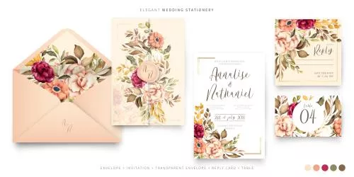 وکتور رایگان حاشیه گل و برگ با گل های رز قرمز و صورتی برای کارت دعوت عروسی به همراه پاکت کرم و نارنجی به صورت فایل EPS لایه باز با کیفیت فوق العاده