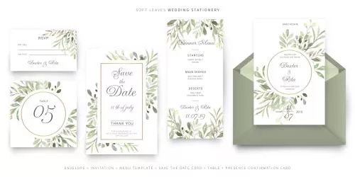 وکتور رایگان کارت دعوت عروسی با رنگ زمینه سبز سدری شامل گل و برگ و پاکت کارت عروسی به صورت فایل EPS لایه باز با کیفیت فوق العاده