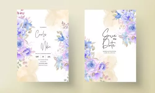 وکتور رایگان حاشیه گل و برگ مناسب برای کارت عروسی شامل گل های بنفش با زمنیه سفید فایل EPS لایه باز با لایه بندی حرفه ای